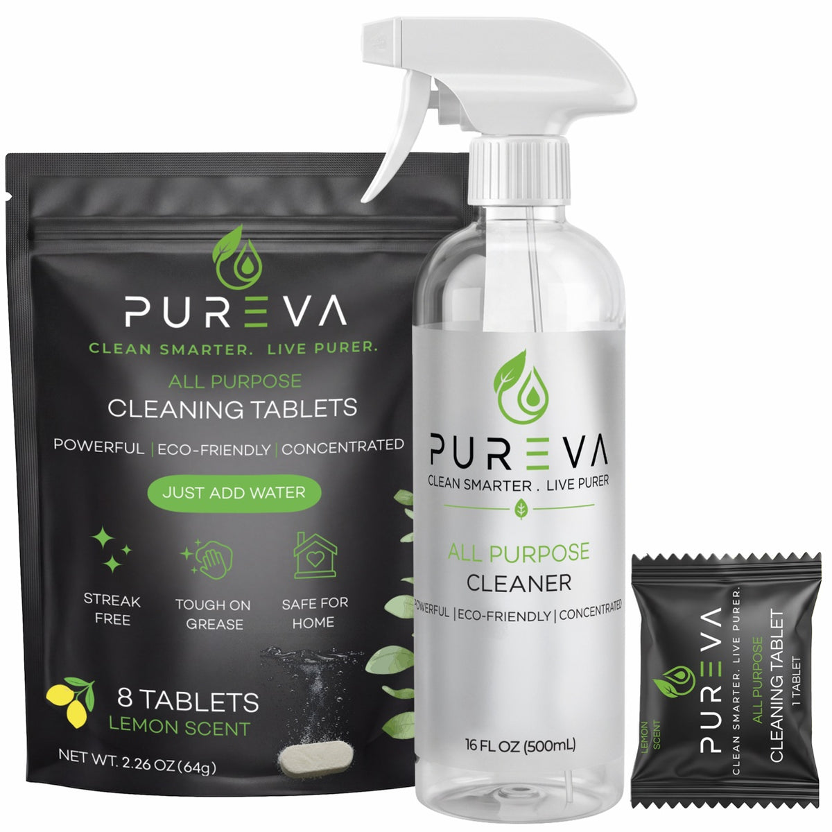 Pureva Cleaning Tablets Starter Kit - 8 Tablets + Refillable Spray Bottle